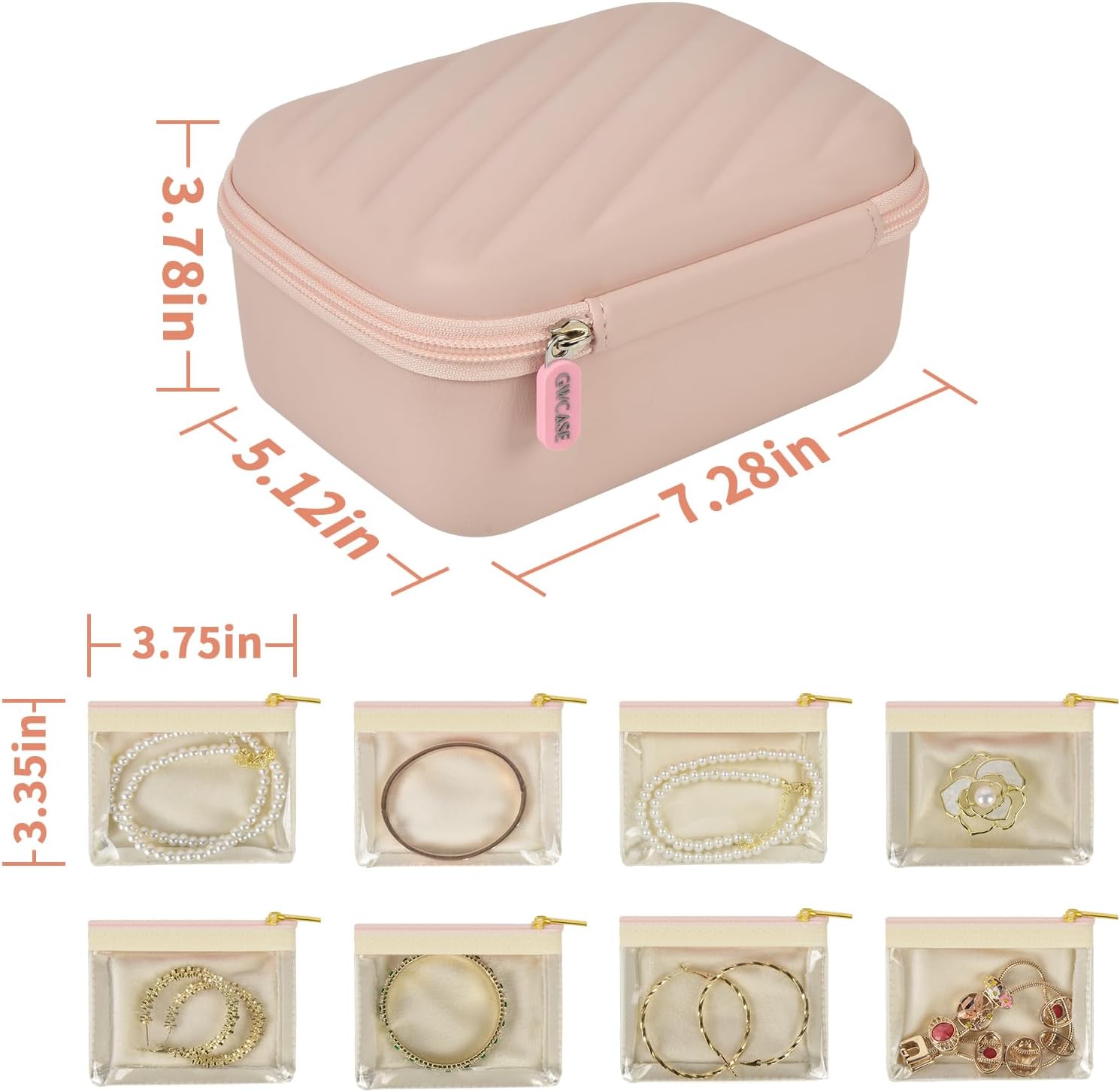 GWCASE Travel Jewelry Case for Women, PU Pink Jewelry Box with 8 Velvet Zipper Jewelry Pouches. 2-Tier Organizer for Rings, Earrings, Necklaces & Bracelet – Stylish Gift for Her（Case Only）