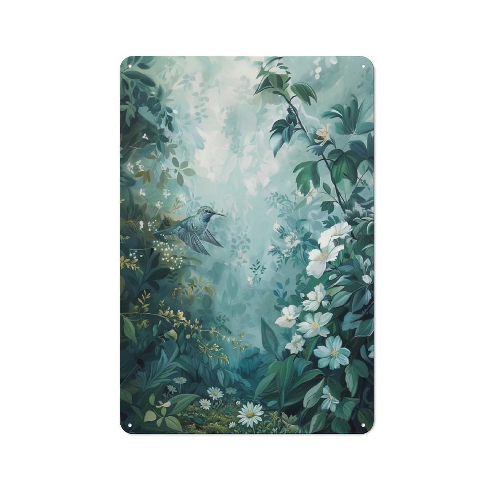 Metal Plaque 30x20cm with Hummingbird in A Lush Garden for Garage Wall, Retro Decor, Housewarming Present for People Styling Garage