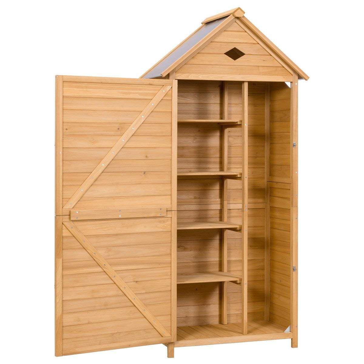 RELAX4LIFE Armadio da Esterno in Legno Massello con Tetto in Lamiera Zincata – Impermeabile e Antiruggine – 4 Ripiani Regolabili + Scomparto Alto per Attrezzi (80x45x177cm)