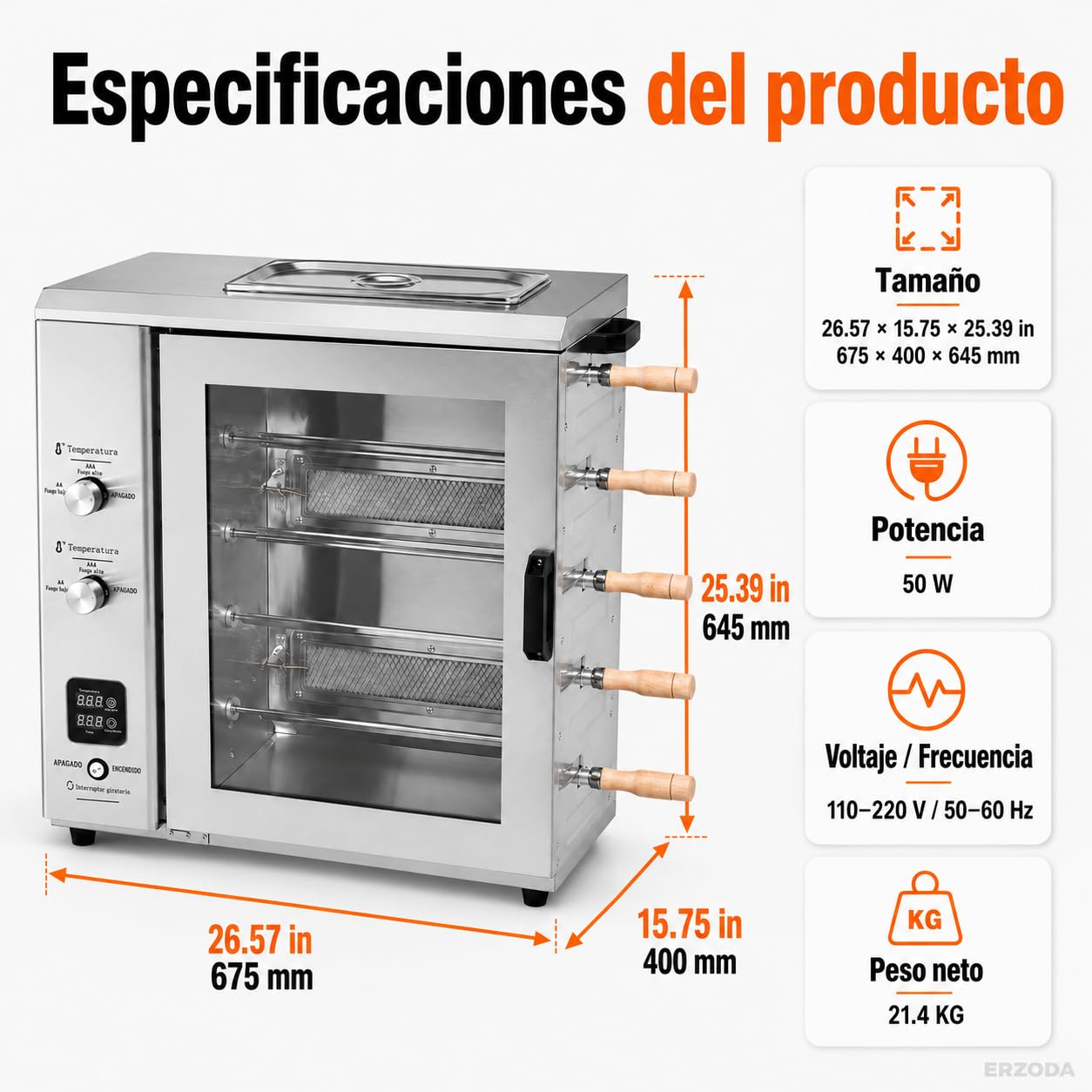 Asador de Pollos Profesional a Gas GLP, Horno Rotativo de Sobremesa con 5 Brochetas, Acero Inoxidable y Puerta de Vidrio