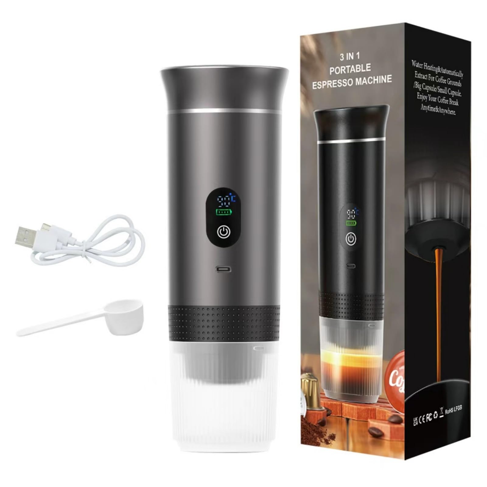 Cafetera portátil con autocalentamiento, 3 en 1, recargable, para coche, camping, viajes, compatible con cápsulas y café en polvo, gris
