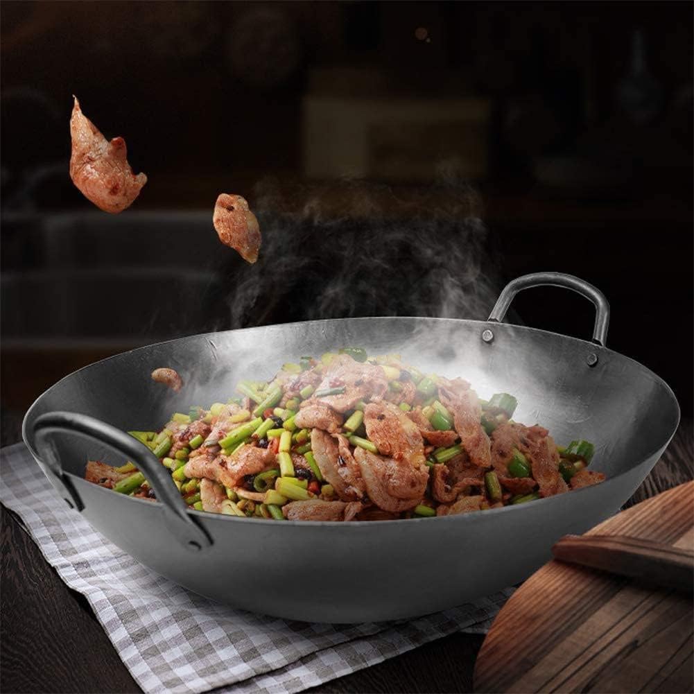 Two-Handle Cast Iron Wok, Outdoor Camping Wok Large Wok Non-Stick Uncoated Double-Ear Cast Iron Pan,55