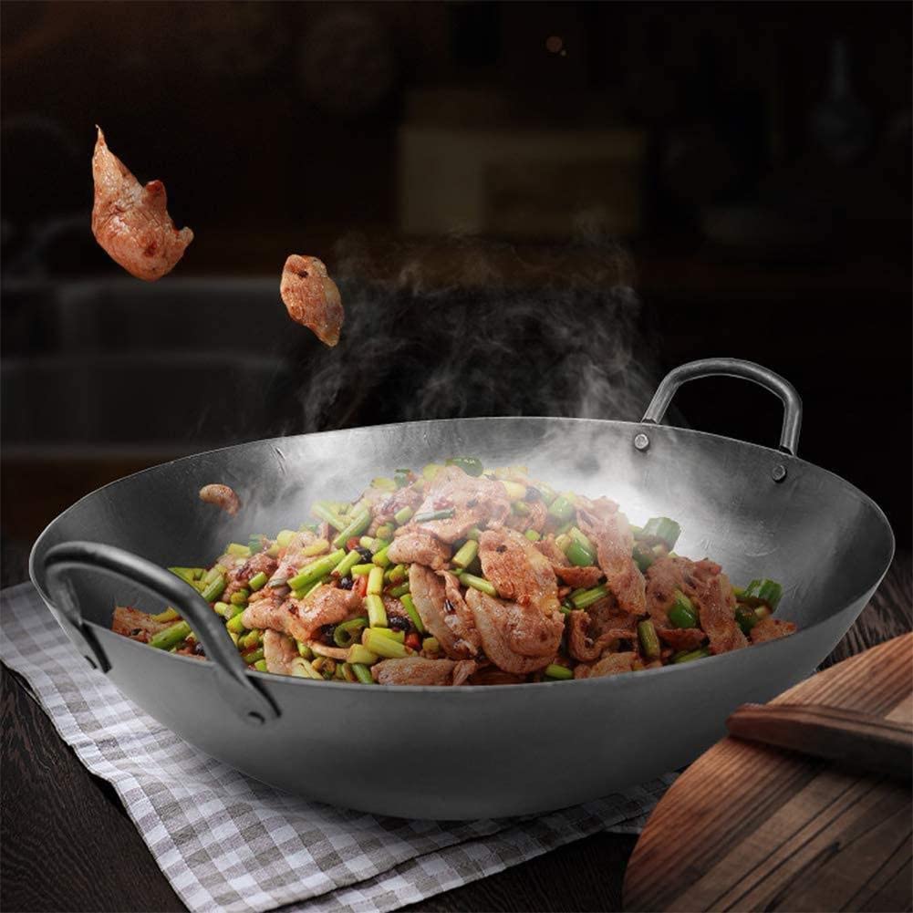 Wok in ghisa a Due Manici, Wok da Campeggio all'aperto di Alta qualità Wok Grande, Antiaderente, Non Rivestito, in ghisa con Due Orecchie,45