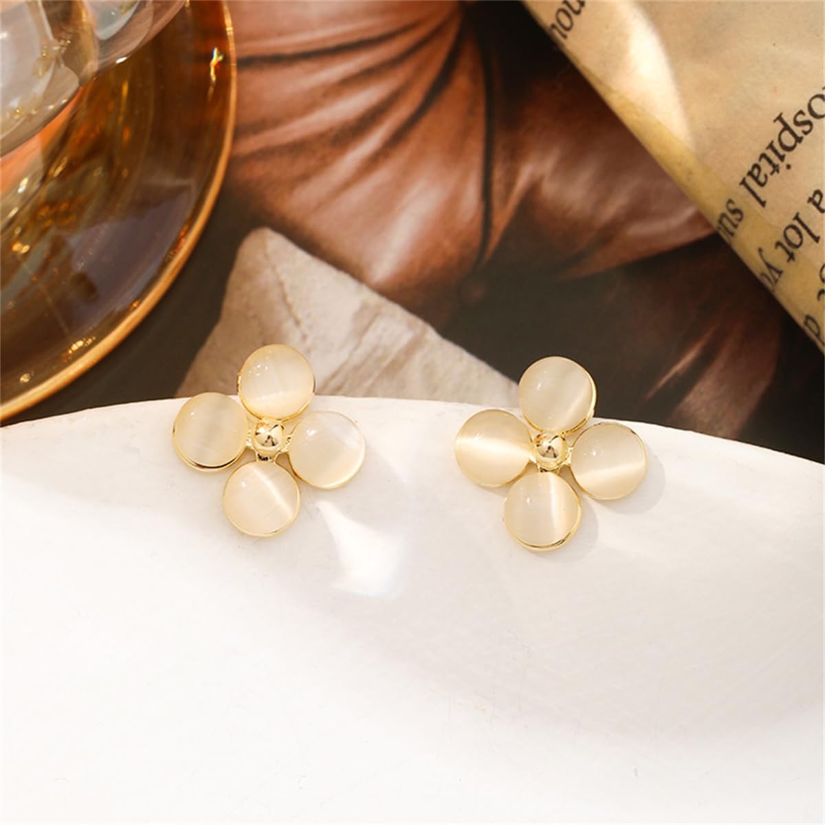 Cute Clover Leaf Stud Earrings for Women 925 Sterling Silver 14K Gold-Toned Cat Eye's Shamrock Flower Studs Opal Round 4 Leaf Petal Floral Earring Dainty Jewelry for Mother Sister - Image 4
