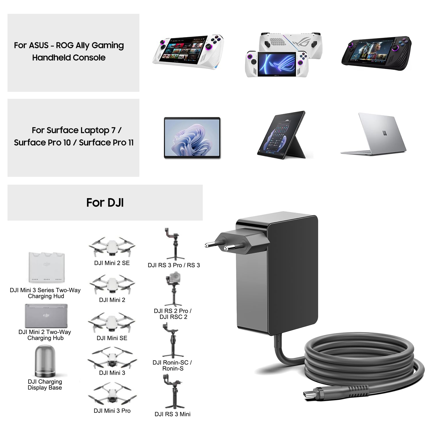 KFD Cargador rápido USB C de 100 W, para Microsoft Surface Laptop7 Pro 10 11 9 Book, MacBook Pro Laptop M3 M4 2023 2024 DJI Drone USB-C Dispositivos PD3.0 PPS AFC Batería de Coche Booster Fuente de