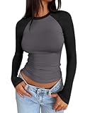 Women&apos;s Long Sleeve Shirts Slim Fit Stretchy Color Block Slightly Cropped Tops