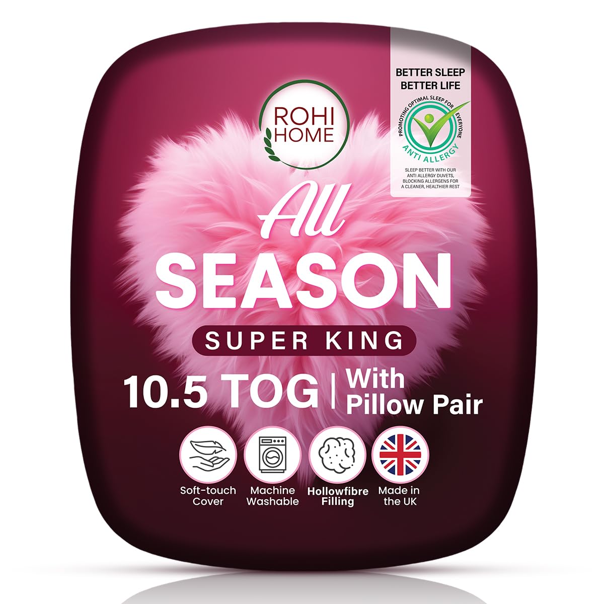 Rohi Anti-Allergy 10.5 Tog All Season Duvet Super King with 2 Deluxe Pillows – Soft & Breathable Polycotton Quilt – Midweight Super King Duvet (Spring)