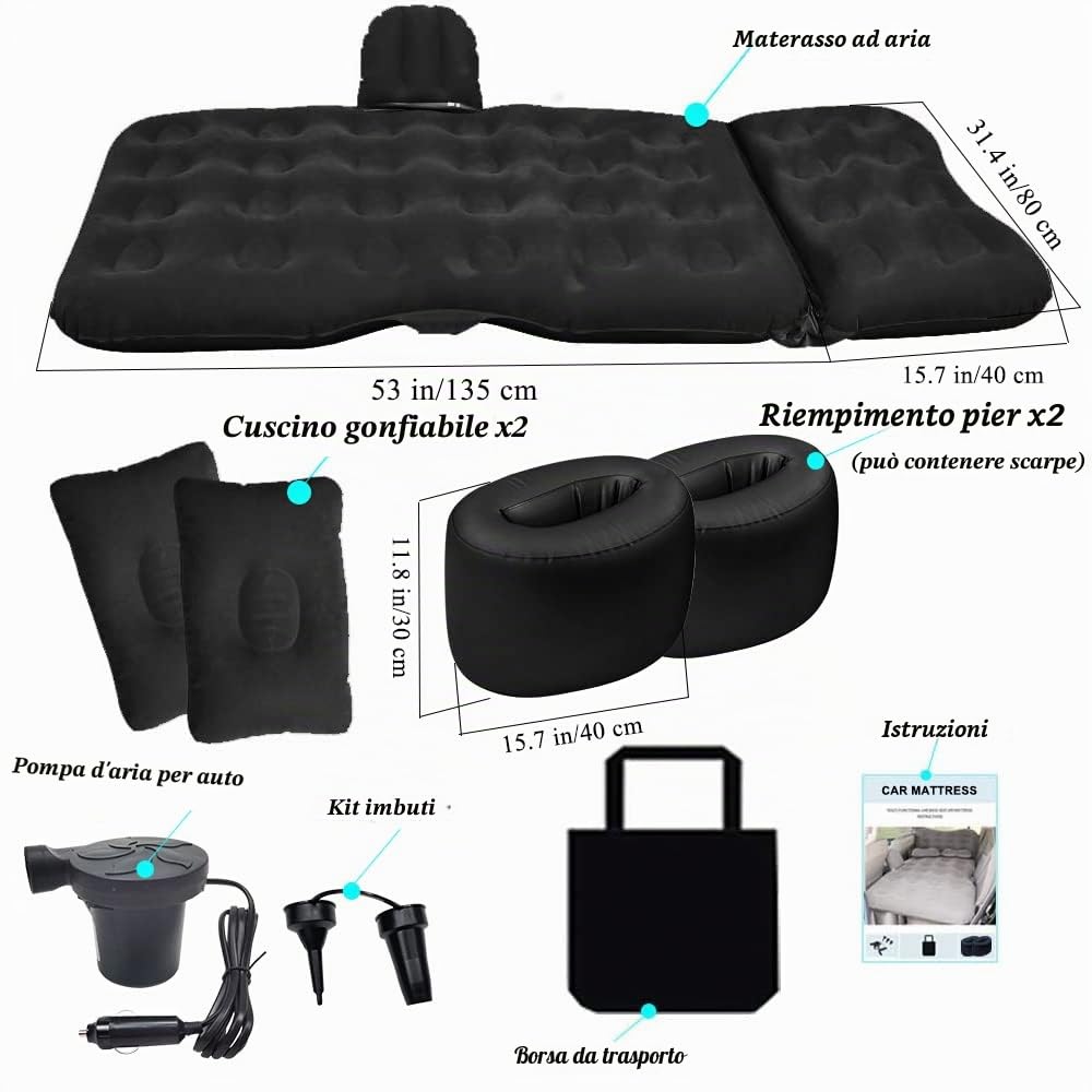 SAYGOGO Materasso gonfiabile per auto, letto da viaggio, letto da campeggio ispessito, con pompa ad aria per auto, 2 cuscini, per auto, tenda, SUV, berlina, sedile posteriore, nero