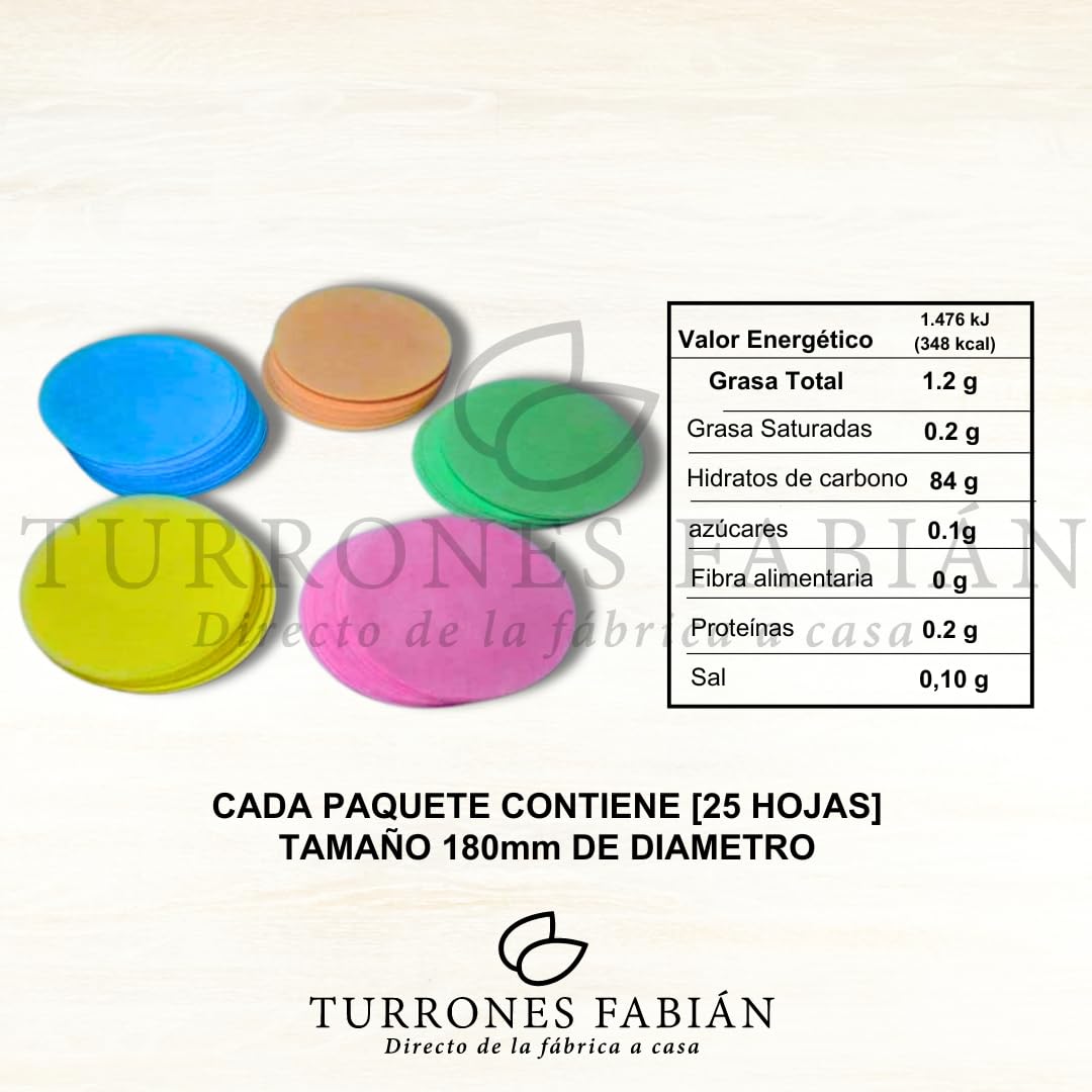 Obleas circulares de colores lisas [25 Hojas] Comestibles de Fécula de PATATA - 180mm diametro