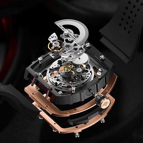 Miniatura 3 de OUPINKE Reloj para hombre, cuerda automática, de lujo, esqueleto, mecánico, vestido de negocios, cuadrado, relojes de pulsera con calendario, negro