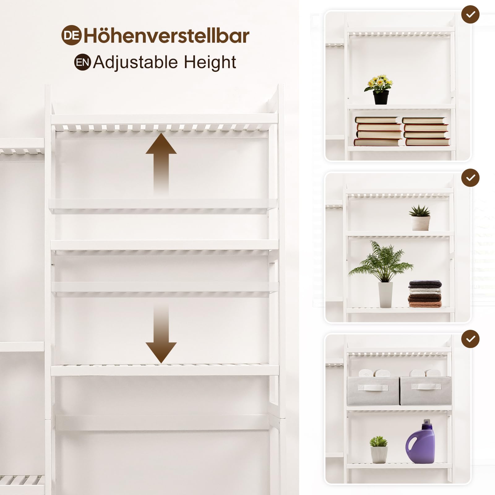 Yorbay Étagère WC en bambou : étagère de toilette à 3 étages et 2 paniers (blanc) | Réglable avec repose-pieds imperméable - Étagère de salle de bain multifonctionnelle - Peu encombrante - Montage facile