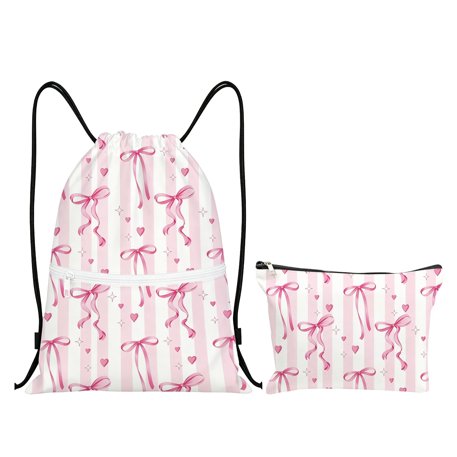 Velvahue Pink Bow Girls Drawstring Swimming Bag Set with Makeup Pouch
