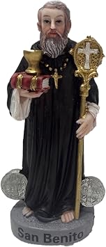 San Benito Statue, Resin Religious Figurine with Gold Staff and Coins, 3 Inch