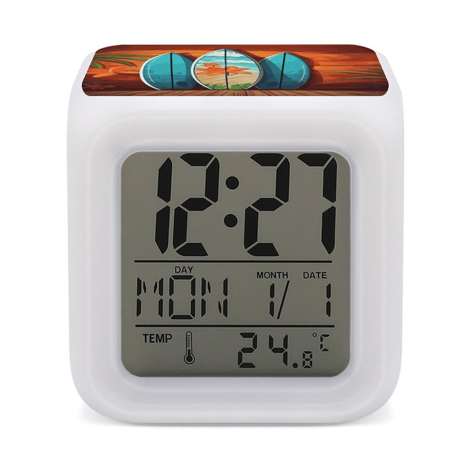 FekiLoot Surfboard on Wooden Alarm Clock for Heavy Sleepers Small Digital Alarm Clock with Date Temperature Wake Up Digital Clocks with 7 Colors Changing Desk Clocks for Bedroom Bedside Nightstand