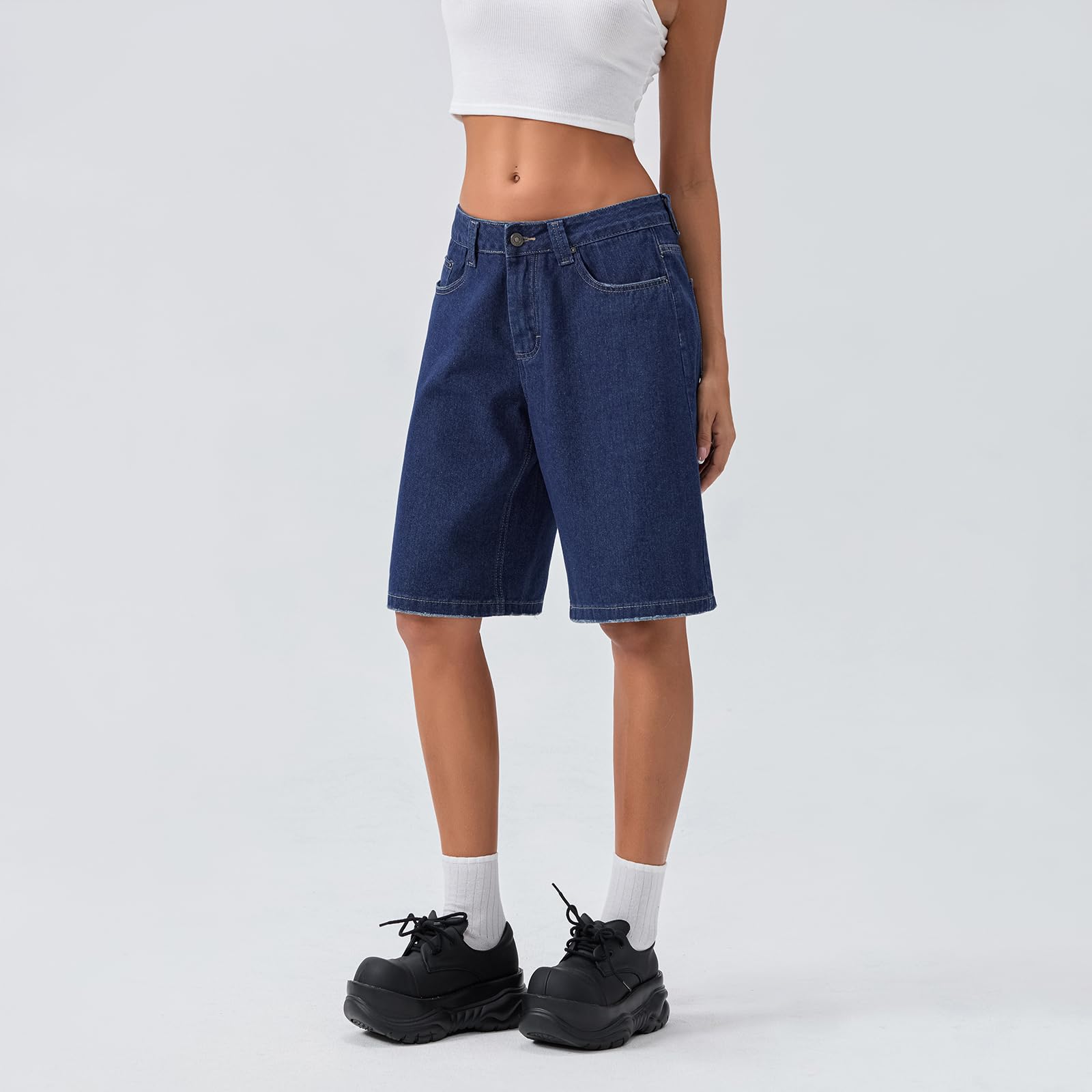 Bermuda ample en jean longueur genou pour femme - Taille basse - Jambe large - Avec poches - Jorts décontractés