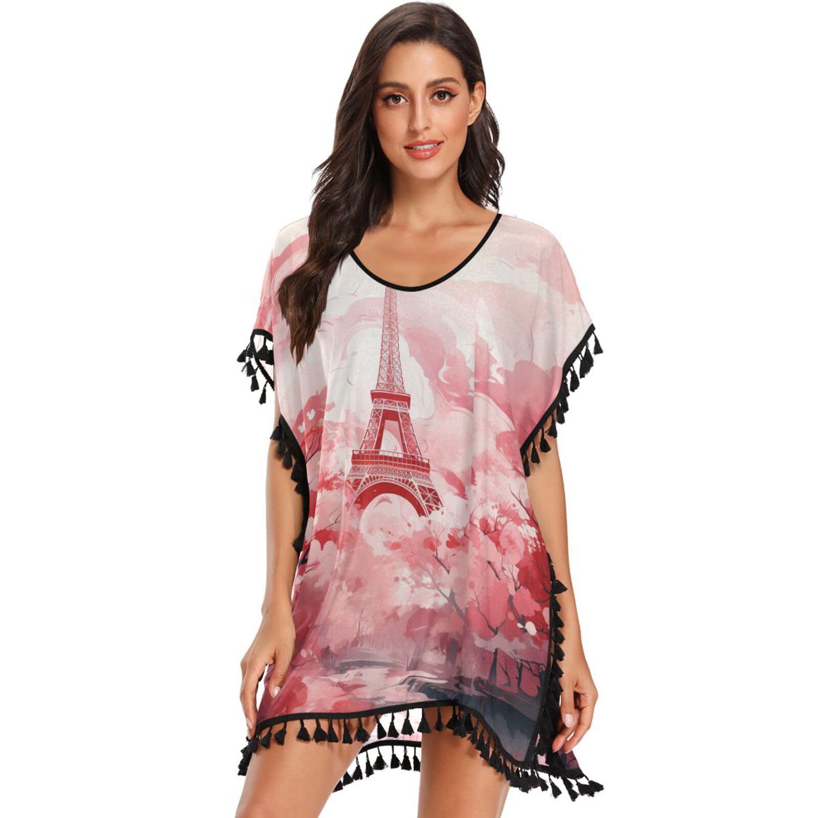 Pink Tower Art Women's Beach Cover Up Chiffon Tassel Swimwear Swimsuit Coverups for Girl