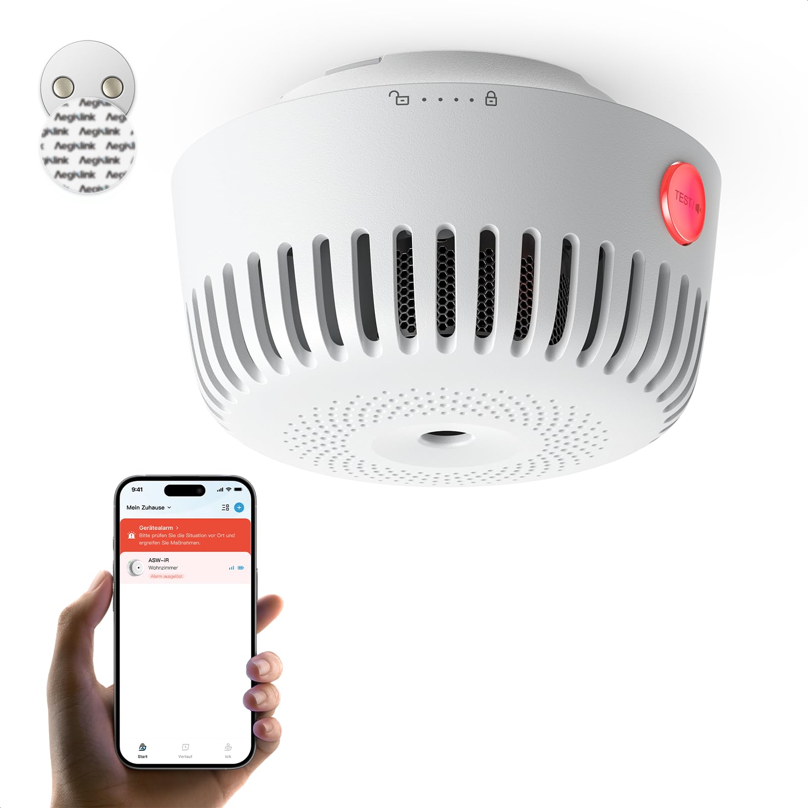 AEGISLINK Smarter Rauchmelder mit Magnethalterung und ohne blinkende LED, 85 dB, Mini-Design, Echtzeit-Benachrichtigungen, Freigabefunktion, ASW-iR, 1 Set