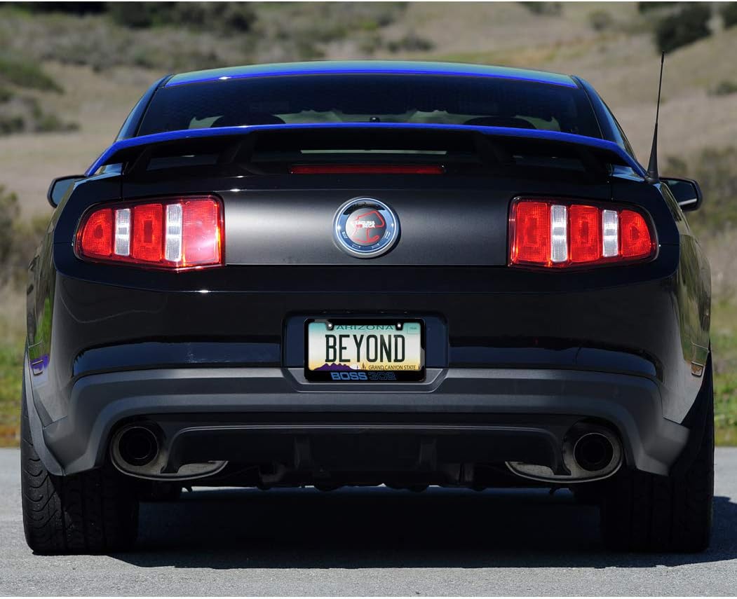 iPick Image for Ford Mustang Boss 302 in Blue UV-LED Printed American-Made Black Metal License Plate Frame