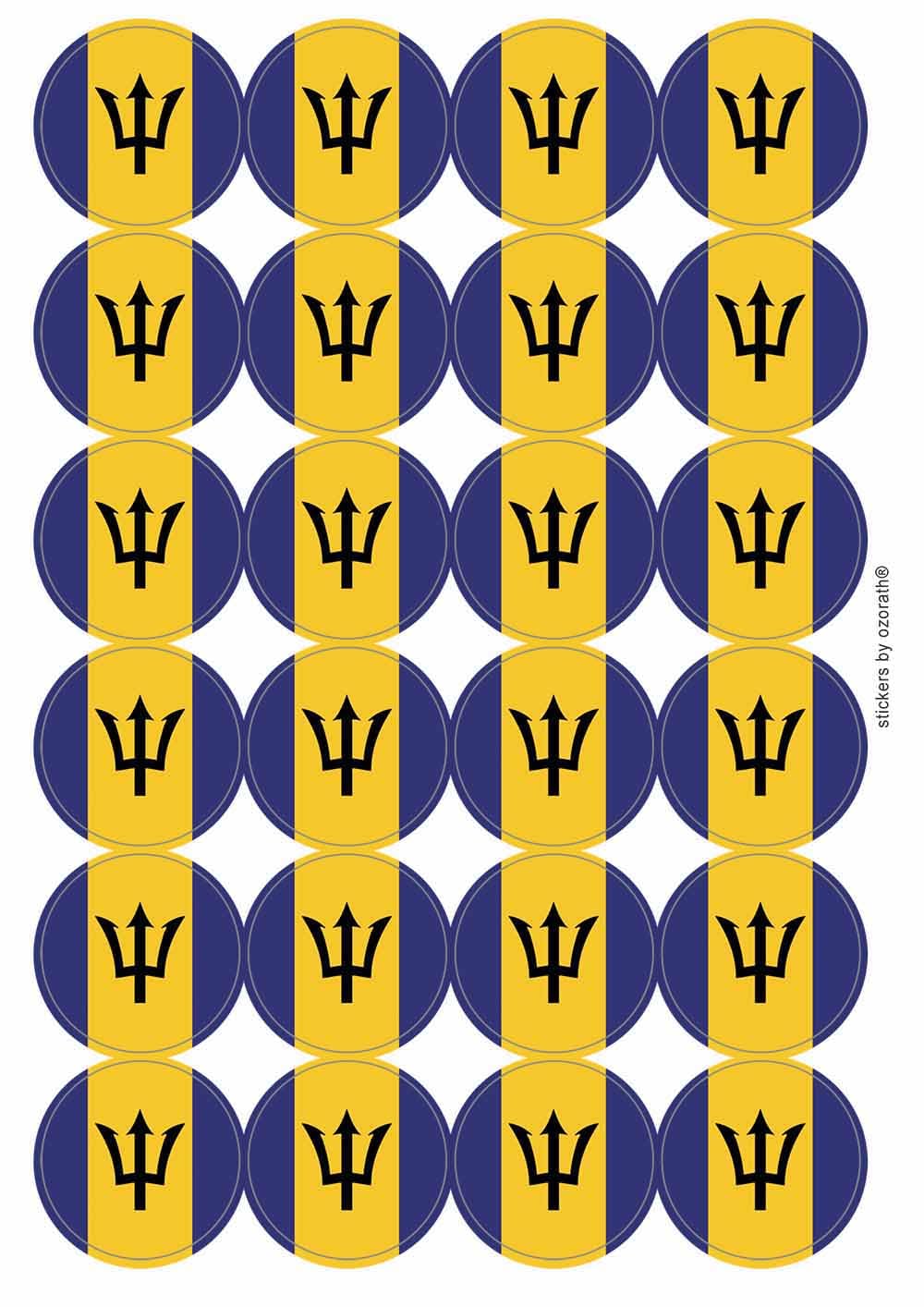 Barbados National Flag Circular Matt Paper Stickers A4 Sheet of 24 (Each Sticker is 45mm Diameter)