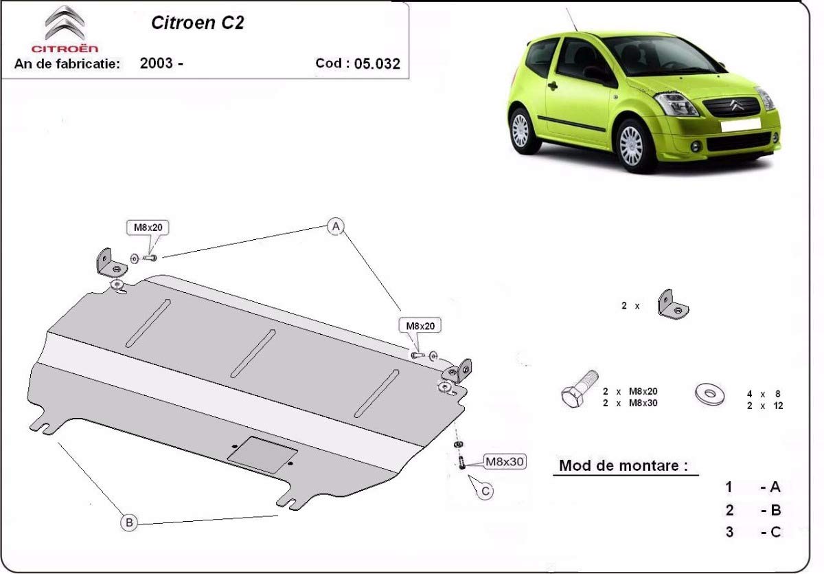 Protección de motor metálica compatible con Citroën C2 (2003-2009)