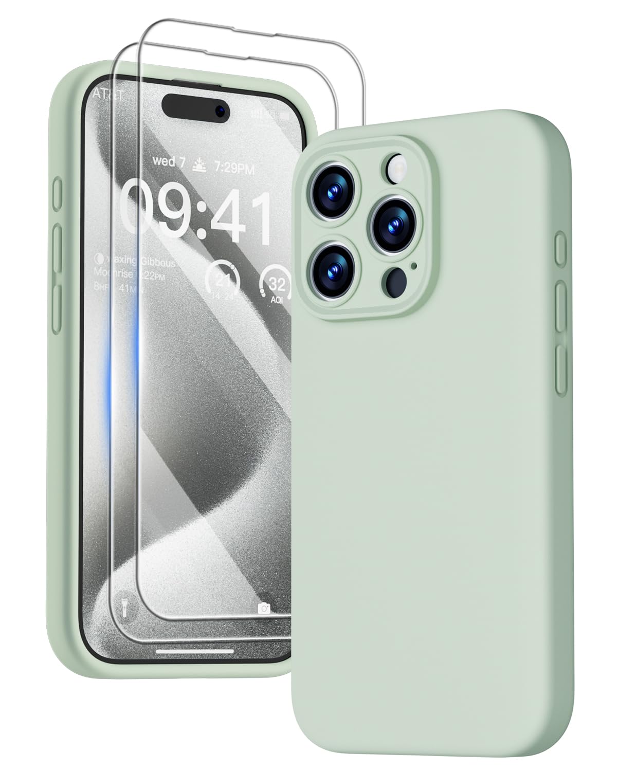 GOODVISH 3 in 1 Silicone Cover per iPhone 15 Pro 6.1" (2023), Custodia con 2 Pellicola Protettiva, Case per Cellulare Ultra Sottile Antiurto Resistente [Protezione Fotocamera], Verde Chiaro