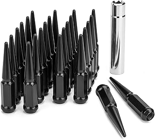 DYNOFIT 14 mm x 1.5 Wheel Spike Lug Nuts, 24 x Black M14x1.5 Lug Nut, Cone/Conical Bulge Seat, DYNOFIT Closed End Nuts with 1 Socket Key for Chevy Silverado Aftermarket Wheel