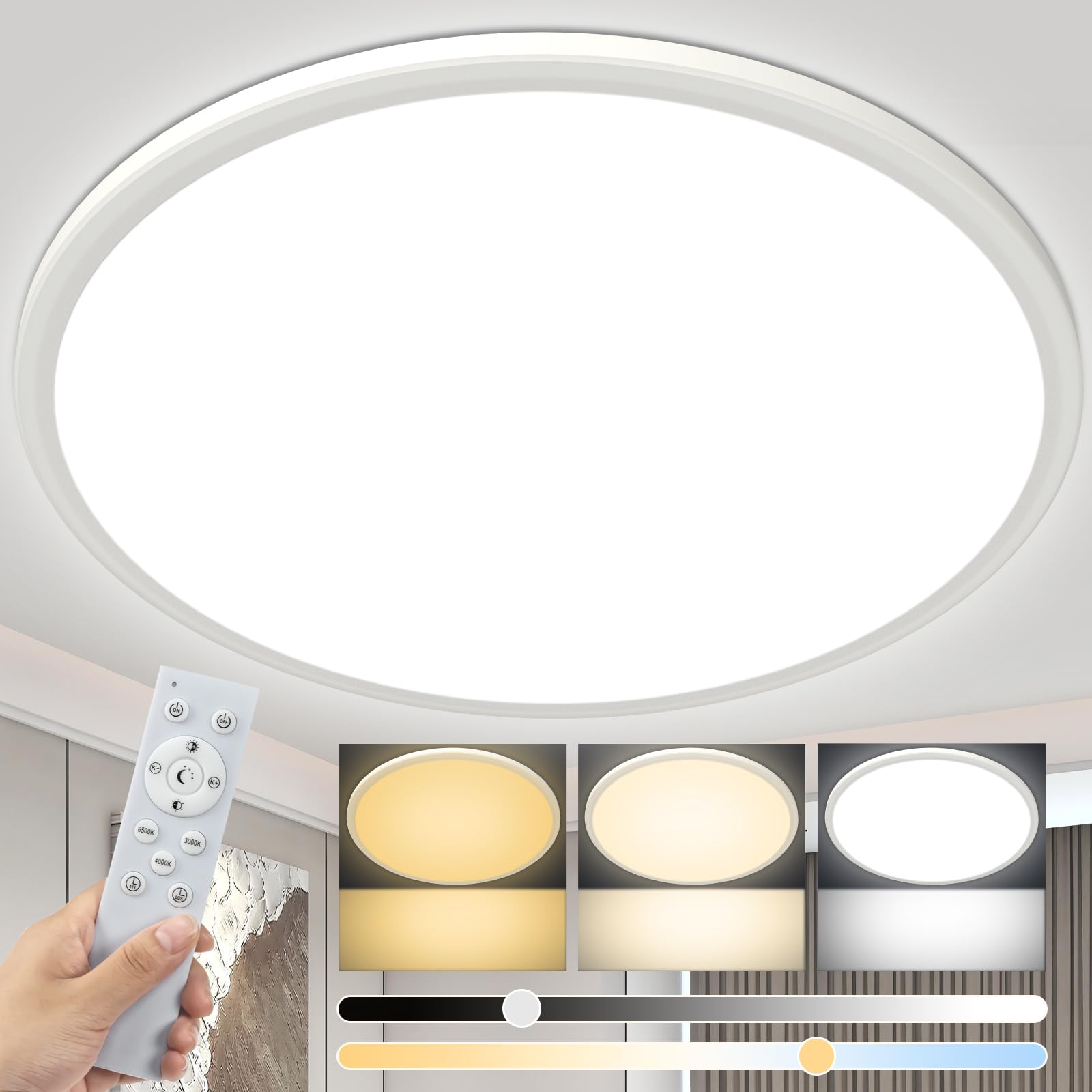 49CM Deckenlampe 46W LED Deckenleuchte Dimmbar 3000-6500K mit Fernbedienung | Rund Led Deckenleuchte Flach, Ultra Dünn Deckenlampe Wohnzimmer Wasserfest Badlampe für Schlafzimmer Badezimmer Küche, Weiß