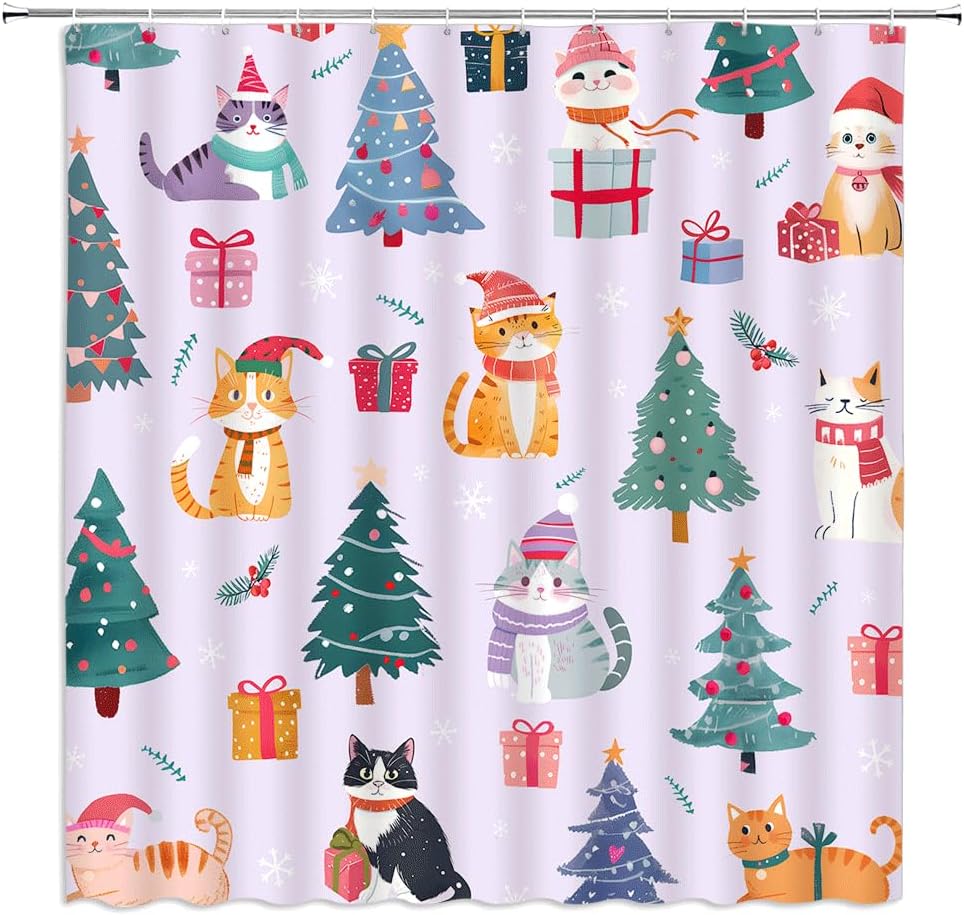 Christmas Cat Shower Curtain Cute Cartoon Kitten with Xmas Hat Pine Tree Winter Snowflake Star Lovely Animal Pets Lover Happy New Year Fabric Bathroom Decor Curtains with Hooks,70 x 80