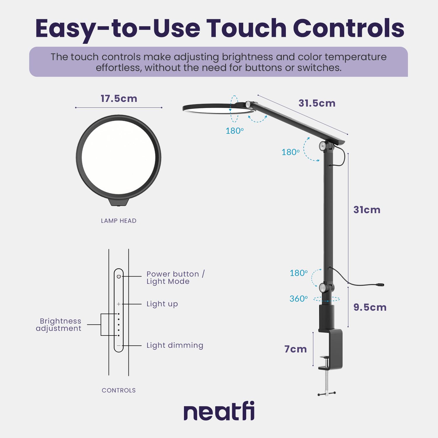 Neatfi Lámpara de escritorio LED moderna, 5 niveles de brillo, 3 modos de luz, 3100-6400K, control táctil, funcionamiento mediante USB/enchufe, iluminación para zoom y cámara web (Con Abrazadera)