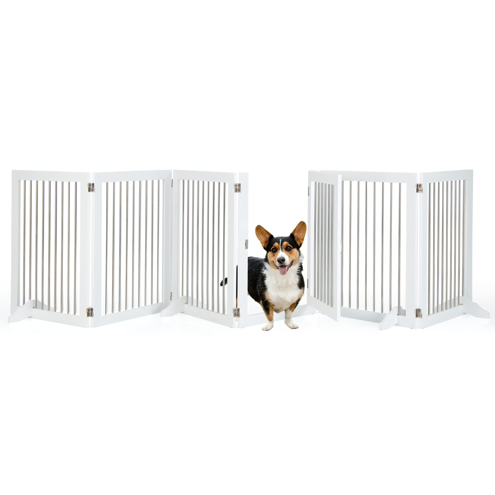 GYMAX Recinto 6 Pannelli, con 4 Piedi, in Metallo e Legno, Barriera per Animali Domastici, per Casa e Giardino, 366 x 80 cm, Bianco