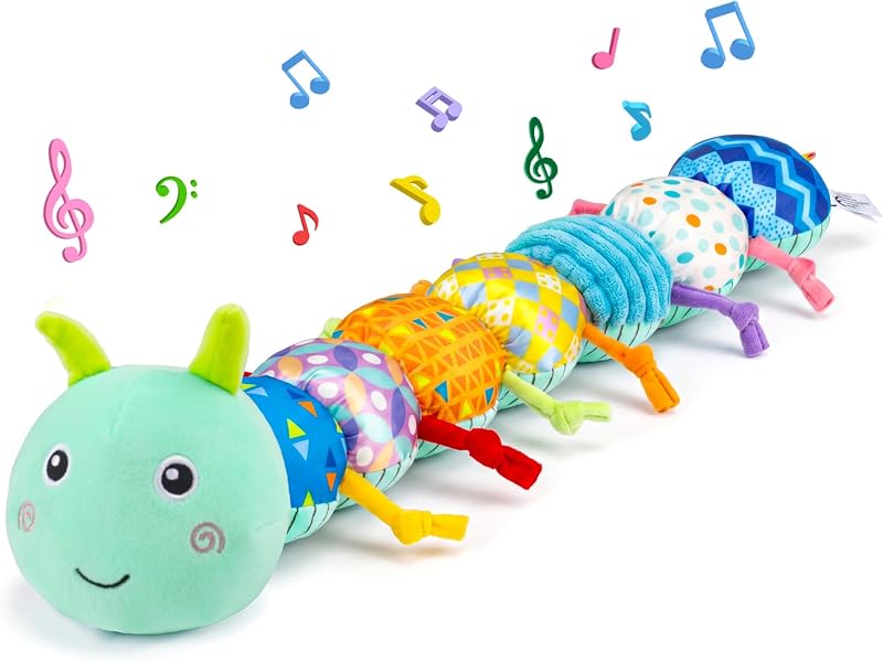 Juguetes para bebés de 0 a 6 meses, juguete musical de peluche con forma de oruga para bebés de 6 a 12 meses, juguete sensorial para la dentición con sonajero arrugado para bebés de 0 a 3 a 6 meses, recién nacido, niño y niña, cesta de Pascua