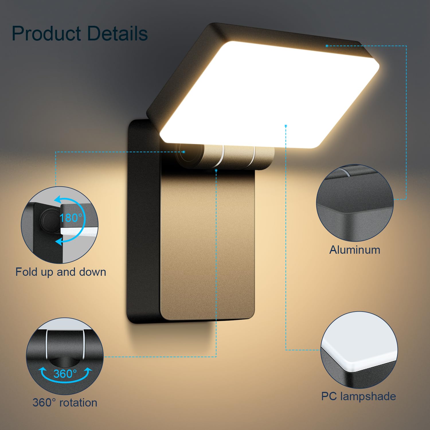 Kingwen 2 Piezas Apliques Pared Exterior LED 40W,3000K,Plegables 180° | Pack de 2 apliques negros,IP65,3000 lm cada uno,luz cálida 3000K,plegables 180° y giratorios 360° para jardín y garaje