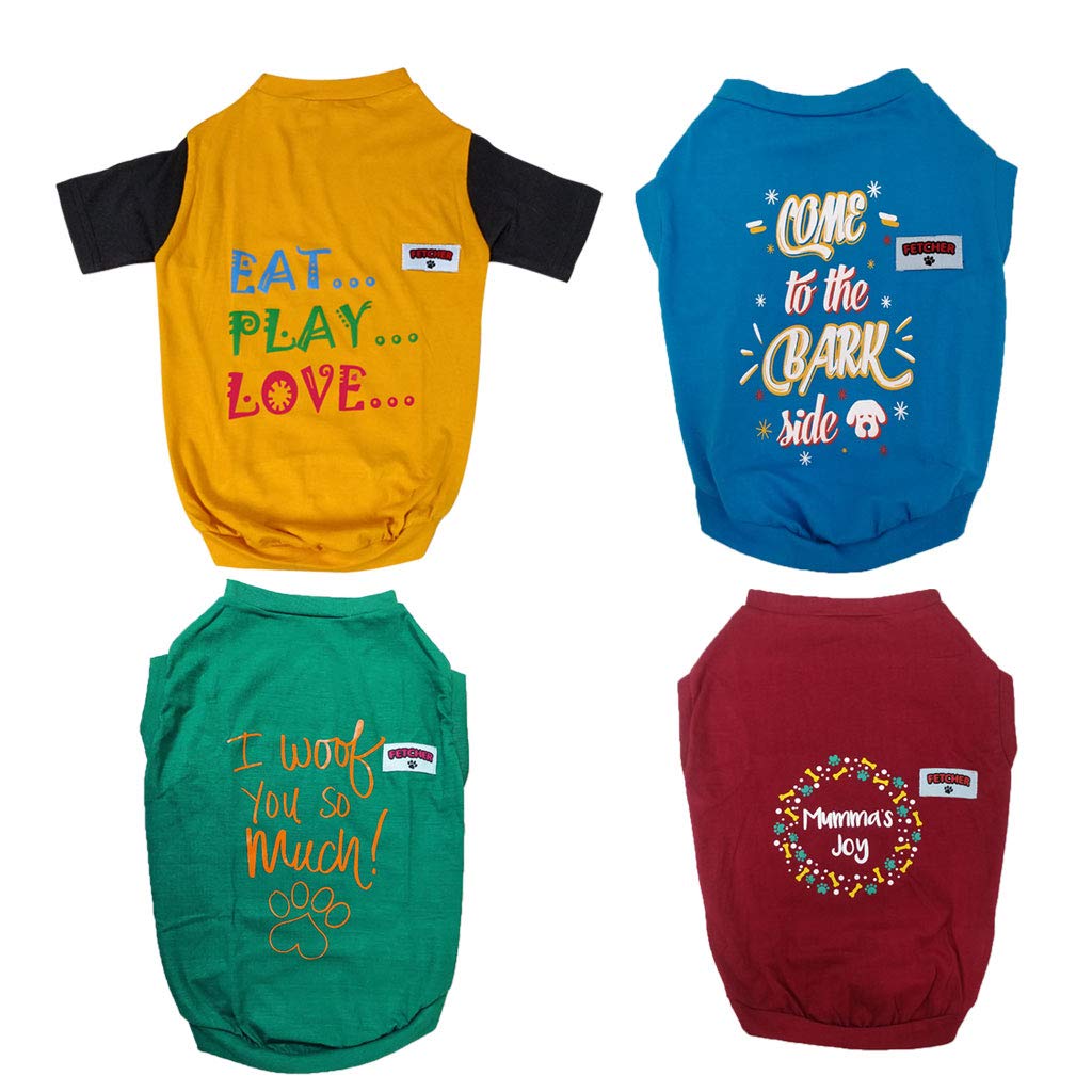 FETCHER Blue, Yellow, Red and Sea Green Premium Printed Dog T-Shirts for Small Breeds (Set of 4) (Large) (B08WC2WB9P) Amazon Price History, Amazon Price Tracker