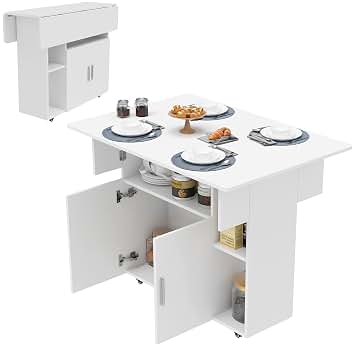 Mesa Comedor Plegable, Mesa Plegable de Comedor con Ruedas, Gabinete y 2 Estantes, para 2-6 Personas, Madera Blanca (100X70X78 cm)