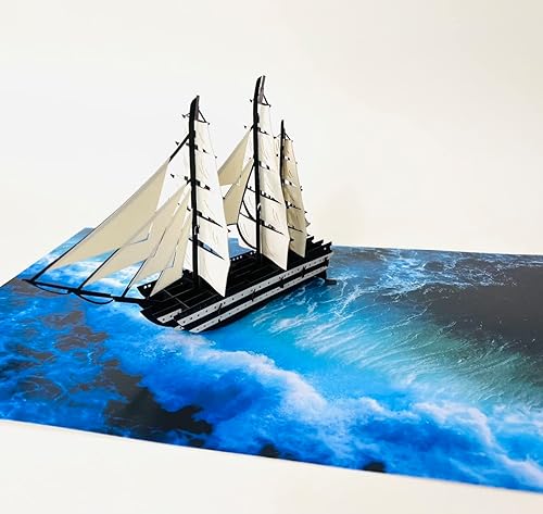 ETA Tarjeta de felicitación de barco alto desplegable 3D, tarjeta náutica hecha a mano con diseño de océano, ideal para cumpleaños, jubilación, día