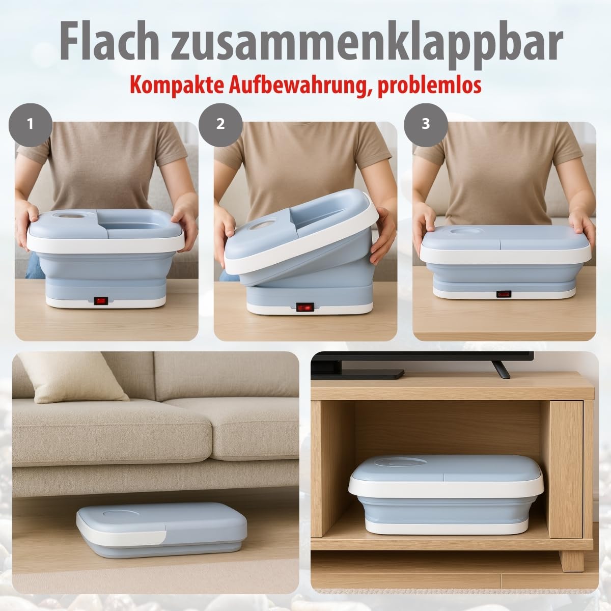 alpina Fußsprudelbad 8L 500W – Faltbares Fußmassagegerät mit Heizung und Blasen – Massage-Rollen und Bimsstein – Heim-Spa für Fußpflege – Hellblau