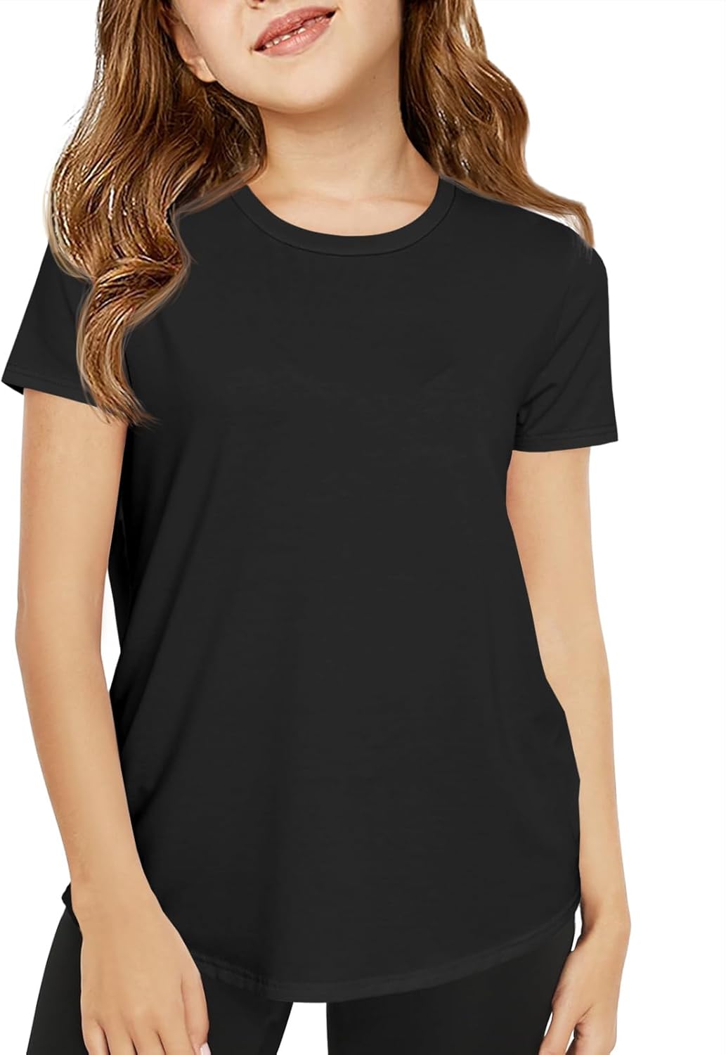 Haloumoning Girls Short Sleeve T Shirts Kids Summer Crewneck Tops Curved Hem Tees 5-14 Years