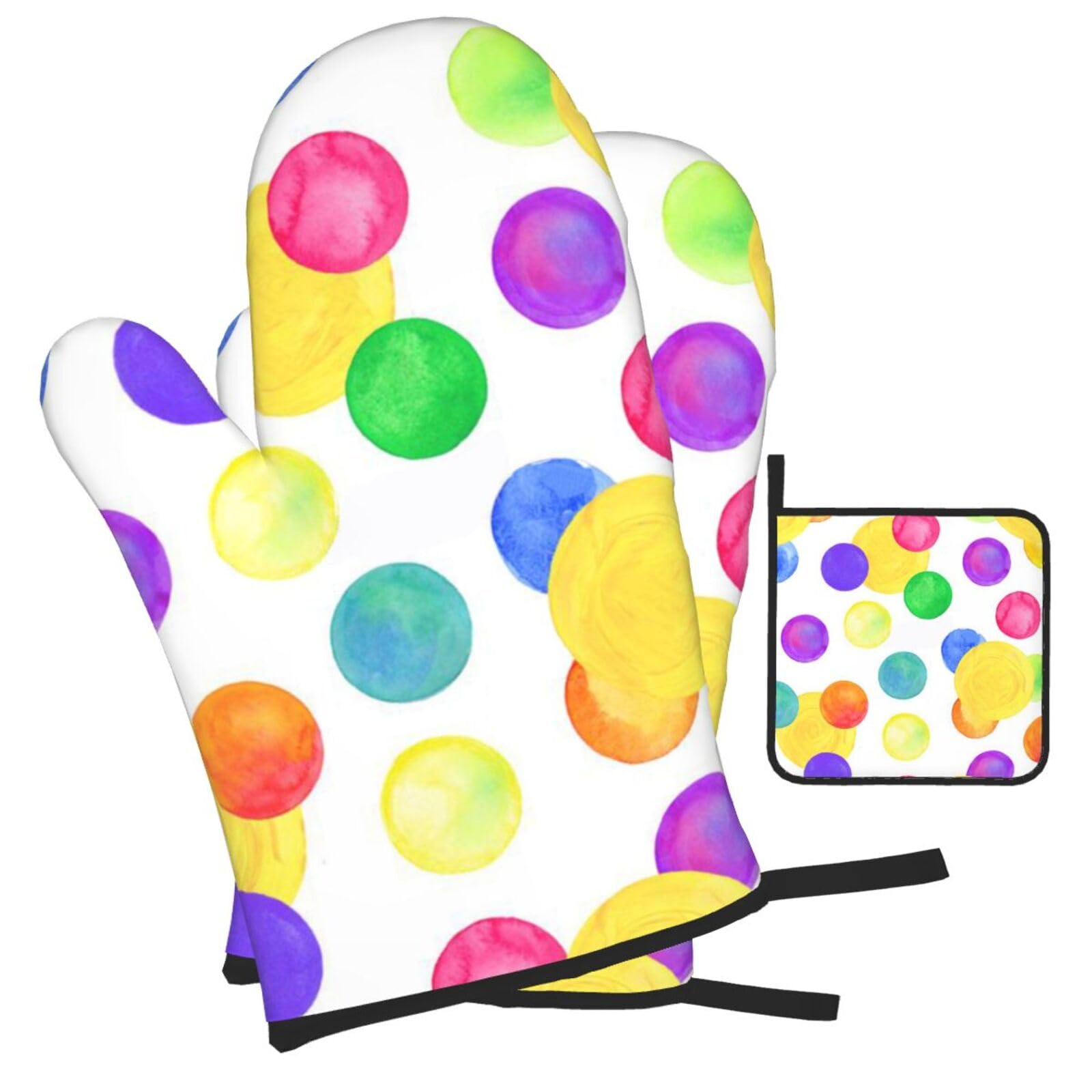Watercolor Rainbow Circle Printed Oven Mitts and Pot Holders Heat Resistant Set of 3 Pcs, Modern Kitchen Gloves & Potholders for Cooking Baking Grilling