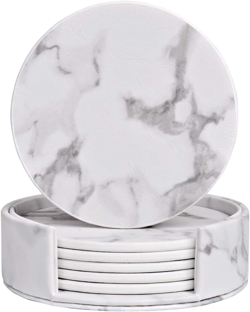 Coasters for Drinks, 6 PCS Premium PU Leather Coaster, Heat Resistant Drink Coaster with Holder - Protect Table from Stains Water Rings and Damage - Housewarming Gift - Marble White Pattern