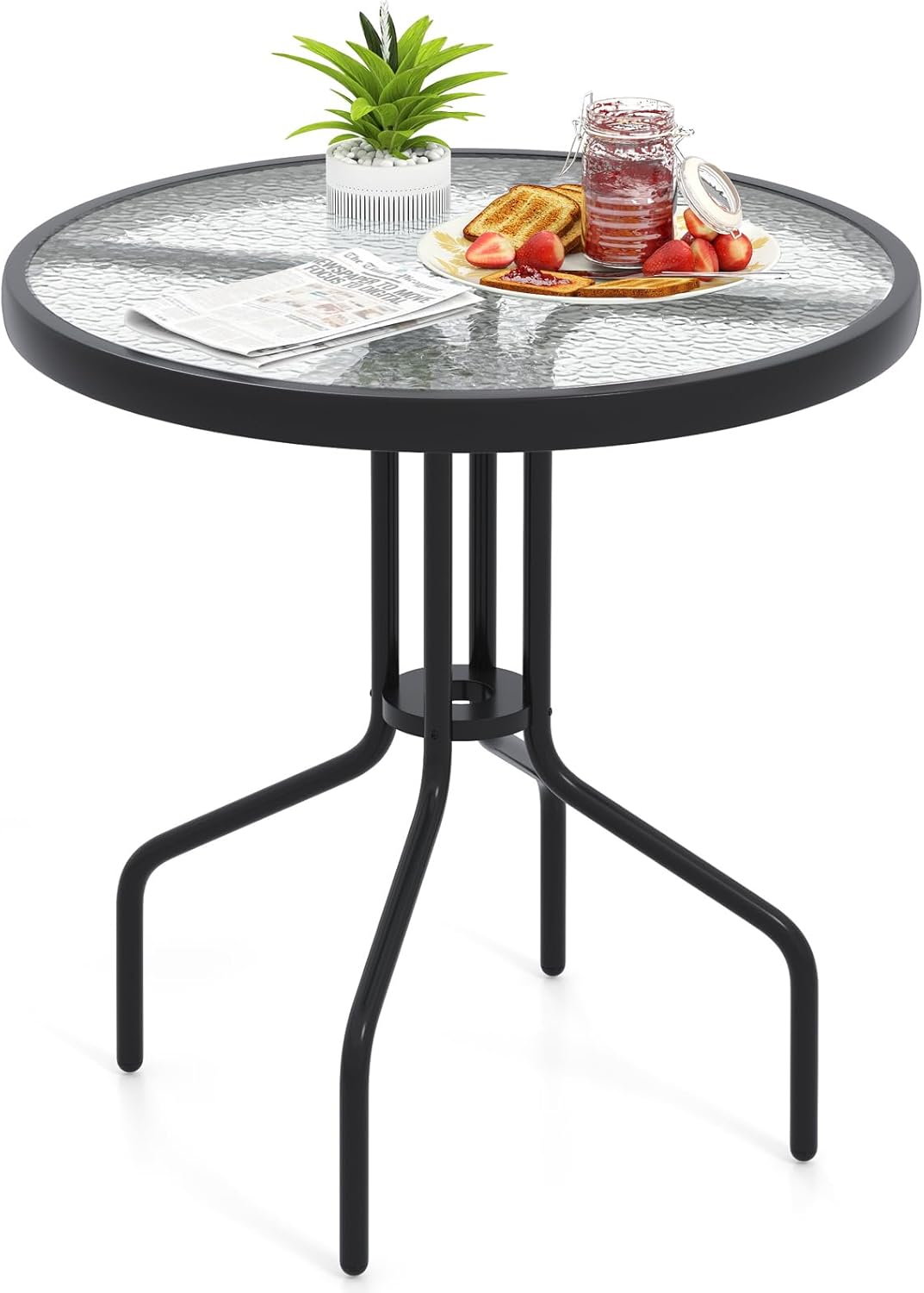 HAPPYGRILL Patio Bistro Table, 27.5" Round Outdoor Coffee Table with Tempered Glass Tabletop, 1.57" Umbrella Hole, Sturdy Metal Legs, Accent Dining Table for Garden Backyard Balcony Lawn