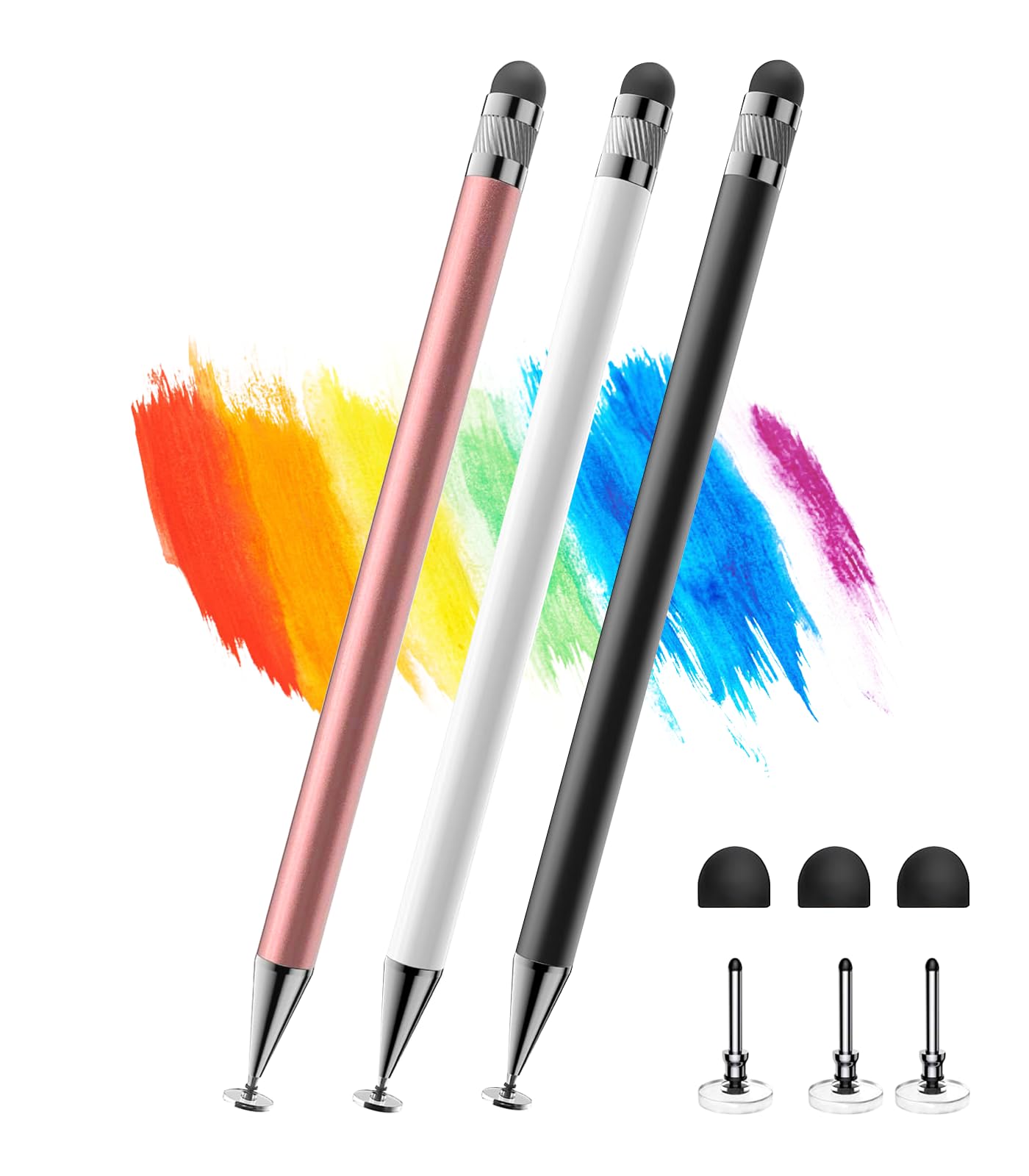 Kenkor Stylus Pens for Touch Screens, 2-in-1 Universal Tablet Pen for iPad Pencil, Stylus for Switch/iPad/iPhone/Android/Samsung Galaxy/Surface/Huawei/Vivo/Oppo, All Touch Screens (Black White Pink)