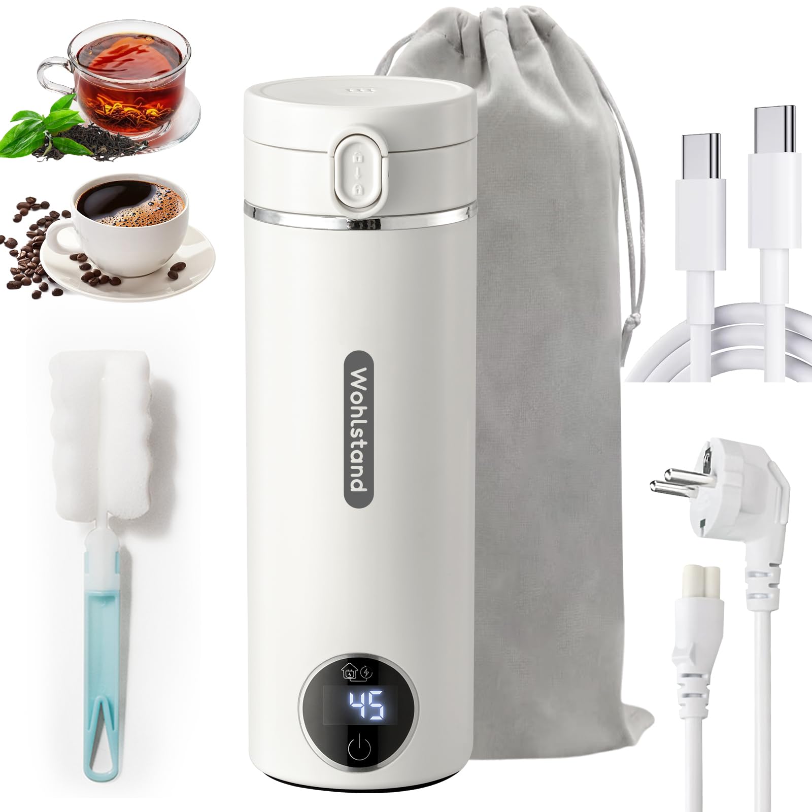 Wohlstand 500ml Mini Portable Travel Kettle USB C Electric Water Heater 300W