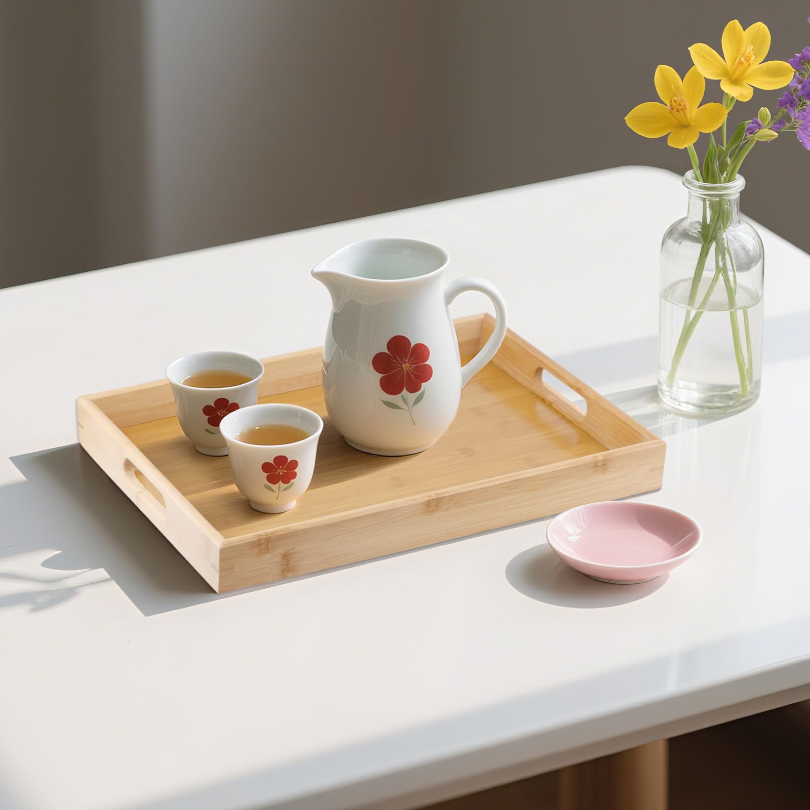 Lot de 3 plateaux de service rectangulaires en bambou avec poignées, 41 x 29 x 5 cm, plateaux de service en bois pour le thé, le café, manger des aliments