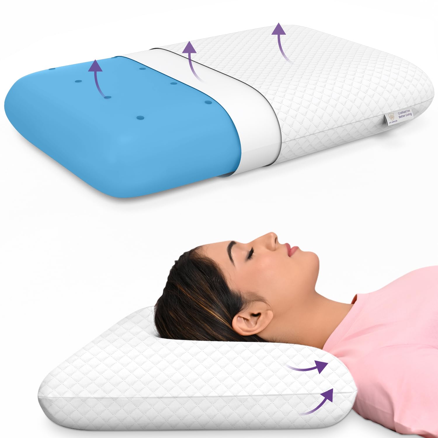 MY ARMOR Ventilated Cool Gel Memory Foam Pillow, Orthopedic Pillows for Neck Pain Relief, King Size - 24X15X5 Inch with Checks Pattern Pillow Cover - 350 GSM - Pack of 1