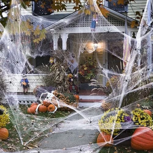 YORFULL Decorazioni di Halloween Ragnatela 300 g con 60 Ragni di Plastica, Ragnatela Estensibile per Decorazioni di Halloween per Interno ed Esterno, Decorazione per Casa Stregata, Horror da Giardino