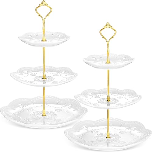 Tatuo 2 soportes de porcelana de 3 niveles para cupcakes, torre para tartas, pastelería para servir postres, soporte escalonado de cerámica blanca