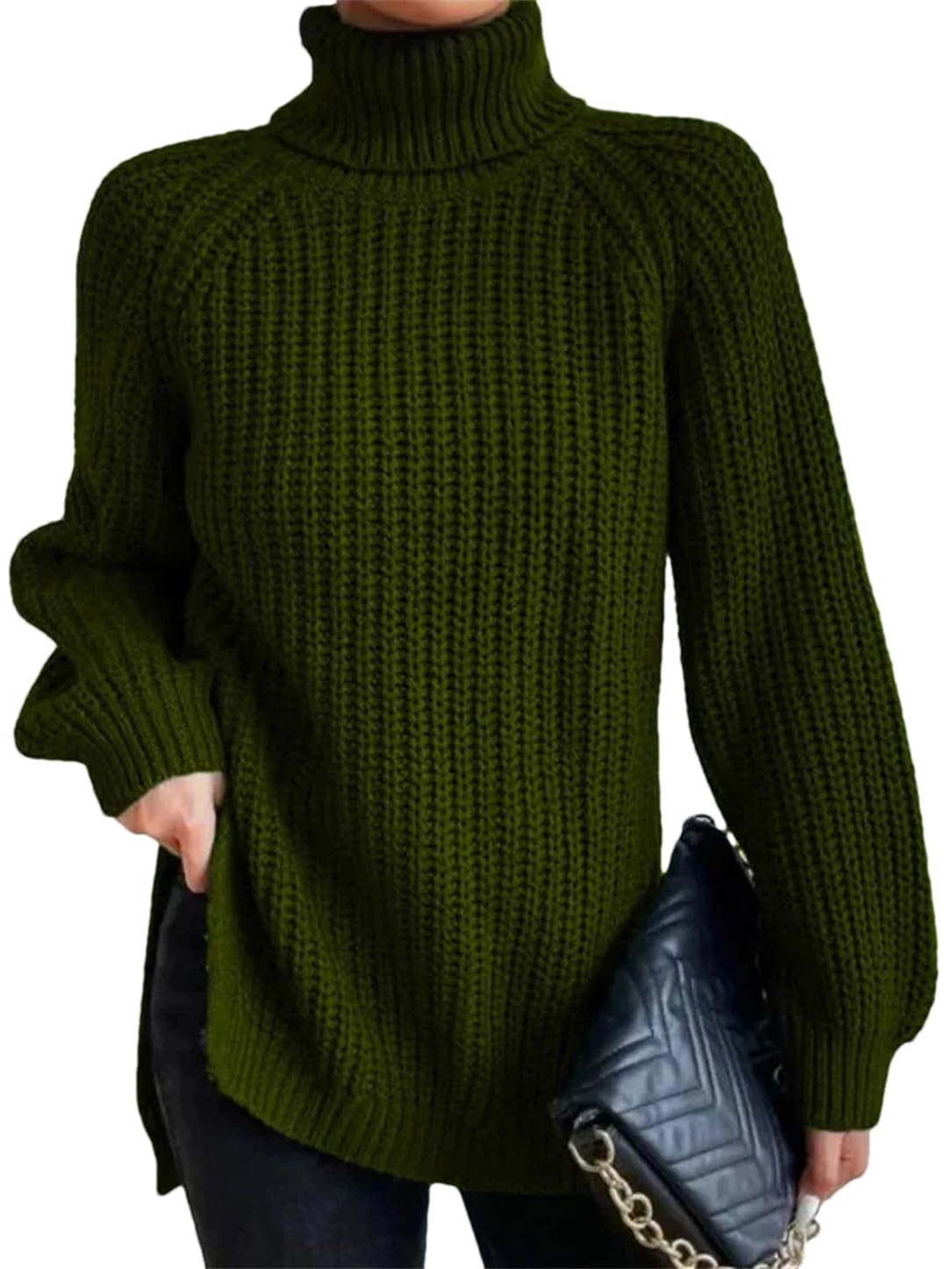 Women's Casual Turtleneck Pullover Sweaters Solid Full Sleeve Thickened Warm Split Sweater