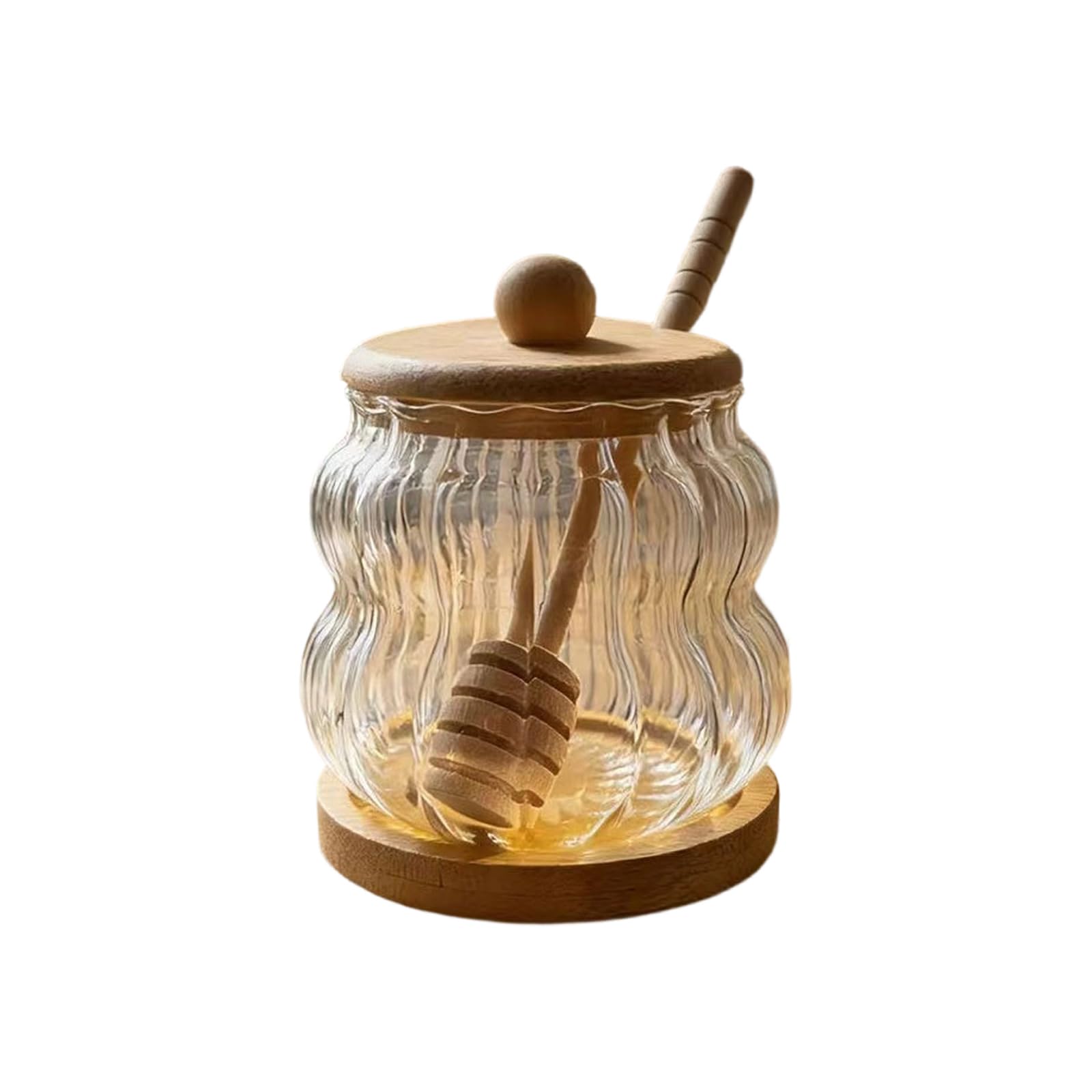 Sbshiouu Vertical Lines Clear Honeys Container Shatterproof High Borosilicate Glass Storage Jar With Wood Mixing Rod And Lid For Honeys Syrups Glass Storage Jar