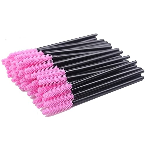 BIHRTC Pack of 100 One-Off Disposable Silicone Eyelash Mascara Brushes Wands Applicator Eyebrow Brush Makeup Tool Kit Set Deep pink - Deep pink