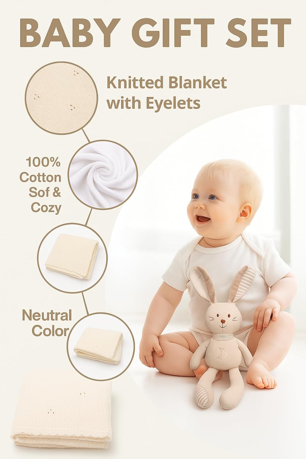 Baby Gift Set – Soft Cotton Blanket and Plush Bunny, Neutral Color, Cozy Neutral Design